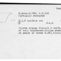Index card with typed and handwritten information, sometimes including a sketch, of pottery from an excavation.