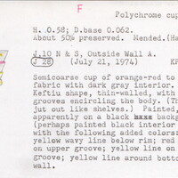 Index card with typed and handwritten information, sometimes including a sketch, of pottery from an excavation.