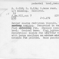 Index card with typed and handwritten information, sometimes including a sketch, of pottery from an excavation.
