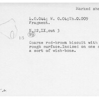 Index card with typed and handwritten information, sometimes including a sketch, of pottery from an excavation.