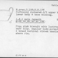 Index card with typed and handwritten information, sometimes including a sketch, of pottery from an excavation.
