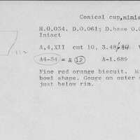 Index card with typed and handwritten information, sometimes including a sketch, of pottery from an excavation.