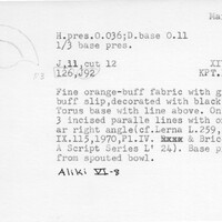 Index card with typed and handwritten information, sometimes including a sketch, of pottery from an excavation.