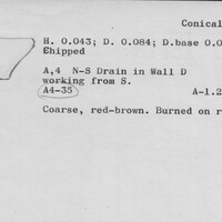 Index card with typed and handwritten information, sometimes including a sketch, of pottery from an excavation.