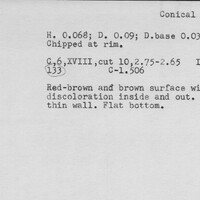 Index card with typed and handwritten information, sometimes including a sketch, of pottery from an excavation.