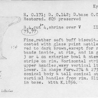 Index card with typed and handwritten information, sometimes including a sketch, of pottery from an excavation.