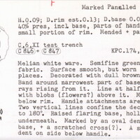 Index card with typed and handwritten information, sometimes including a sketch, of pottery from an excavation.