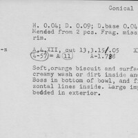 Index card with typed and handwritten information, sometimes including a sketch, of pottery from an excavation.