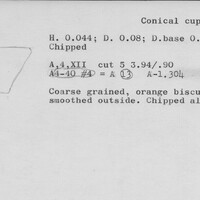 Index card with typed and handwritten information, sometimes including a sketch, of pottery from an excavation.