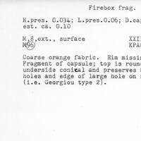 Index card with typed and handwritten information, sometimes including a sketch, of pottery from an excavation.