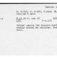 Index card with typed and handwritten information, sometimes including a sketch, of pottery from an excavation.
