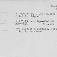 Index card with typed and handwritten information, sometimes including a sketch, of pottery from an excavation.
