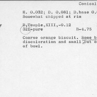Index card with typed and handwritten information, sometimes including a sketch, of pottery from an excavation.