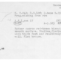 Index card with typed and handwritten information, sometimes including a sketch, of pottery from an excavation.