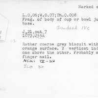 Index card with typed and handwritten information, sometimes including a sketch, of pottery from an excavation.