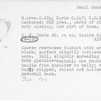 Index card with typed and handwritten information, sometimes including a sketch, of pottery from an excavation.