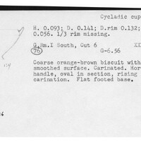 Index card with typed and handwritten information, sometimes including a sketch, of pottery from an excavation.