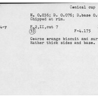 Index card with typed and handwritten information, sometimes including a sketch, of pottery from an excavation.