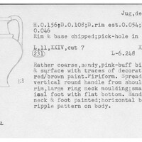 Index card with typed and handwritten information, sometimes including a sketch, of pottery from an excavation.