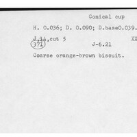 Index card with typed and handwritten information, sometimes including a sketch, of pottery from an excavation.