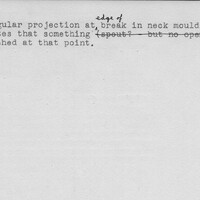 Index card with typed and handwritten information, sometimes including a sketch, of pottery from an excavation.