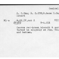 Index card with typed and handwritten information, sometimes including a sketch, of pottery from an excavation.