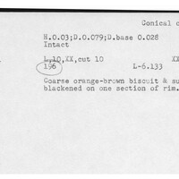 Index card with typed and handwritten information, sometimes including a sketch, of pottery from an excavation.