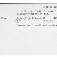 Index card with typed and handwritten information, sometimes including a sketch, of pottery from an excavation.