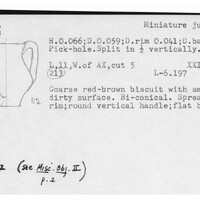Index card with typed and handwritten information, sometimes including a sketch, of pottery from an excavation.
