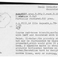 Index card with typed and handwritten information, sometimes including a sketch, of pottery from an excavation.