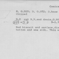 Index card with typed and handwritten information, sometimes including a sketch, of pottery from an excavation.