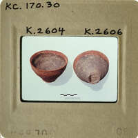 Two red clay pots on a white surface, photographed with labels and measurements.