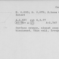 Index card with typed and handwritten information, sometimes including a sketch, of pottery from an excavation.