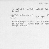 Index card with typed and handwritten information, sometimes including a sketch, of pottery from an excavation.