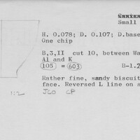 Index card with typed and handwritten information, sometimes including a sketch, of pottery from an excavation.