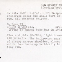 Index card with typed and handwritten information, sometimes including a sketch, of pottery from an excavation.