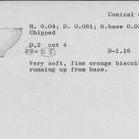 Index card with typed and handwritten information, sometimes including a sketch, of pottery from an excavation.