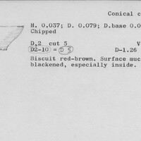 Index card with typed and handwritten information, sometimes including a sketch, of pottery from an excavation.