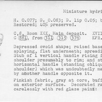 Index card with typed and handwritten information, sometimes including a sketch, of pottery from an excavation.