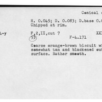 Index card with typed and handwritten information, sometimes including a sketch, of pottery from an excavation.
