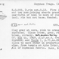Index card with typed and handwritten information, sometimes including a sketch, of pottery from an excavation.