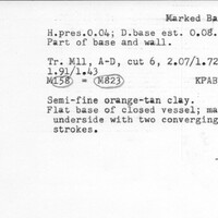 Index card with typed and handwritten information, sometimes including a sketch, of pottery from an excavation.