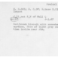 Index card with typed and handwritten information, sometimes including a sketch, of pottery from an excavation.