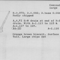 Index card with typed and handwritten information, sometimes including a sketch, of pottery from an excavation.