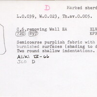 Index card with typed and handwritten information, sometimes including a sketch, of pottery from an excavation.