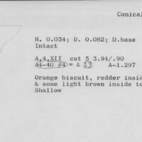 Index card with typed and handwritten information, sometimes including a sketch, of pottery from an excavation.