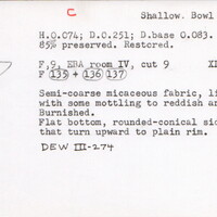 Index card with typed and handwritten information, sometimes including a sketch, of pottery from an excavation.