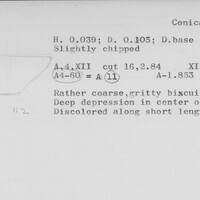 Index card with typed and handwritten information, sometimes including a sketch, of pottery from an excavation.