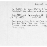 Index card with typed and handwritten information, sometimes including a sketch, of pottery from an excavation.