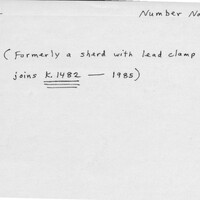 Index card with typed and handwritten information, sometimes including a sketch, of pottery from an excavation.